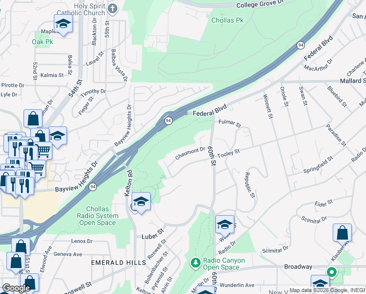 map of restaurants, bars, coffee shops, grocery stores, and more near 5885 Chaumont Drive in San Diego