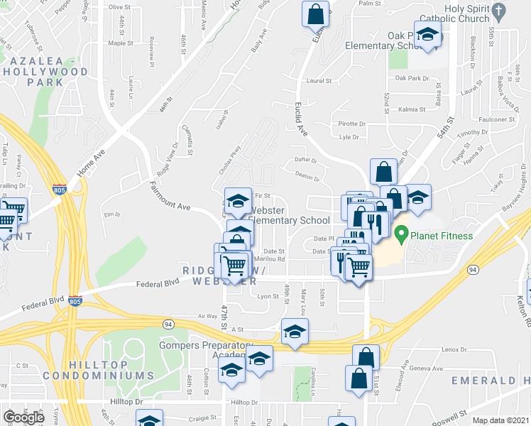map of restaurants, bars, coffee shops, grocery stores, and more near 1751 Brookline Street in San Diego