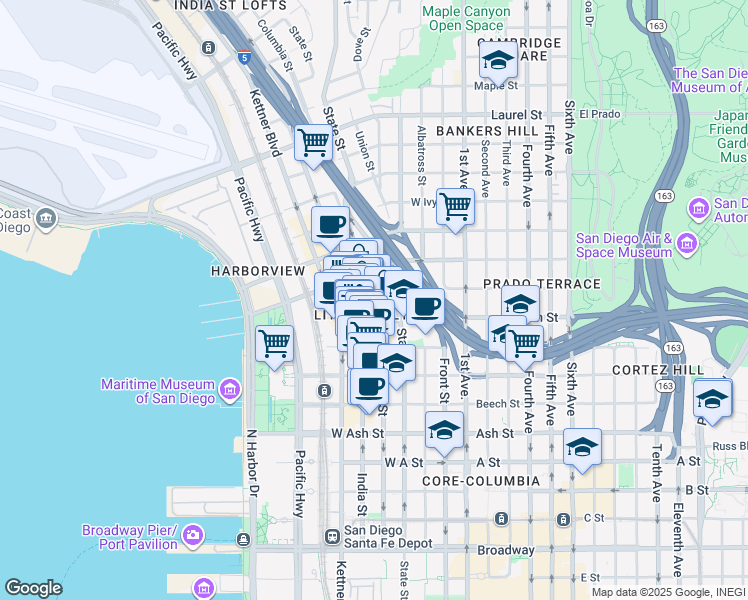 map of restaurants, bars, coffee shops, grocery stores, and more near in San Diego