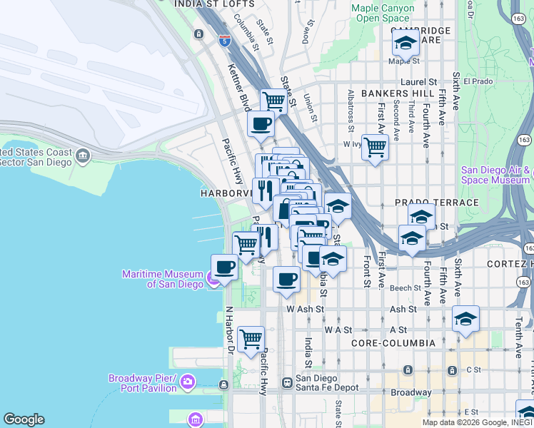 map of restaurants, bars, coffee shops, grocery stores, and more near 1905 Pacific Highway in San Diego