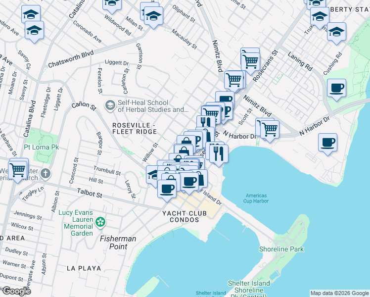 map of restaurants, bars, coffee shops, grocery stores, and more near 1270 Locust Street in San Diego