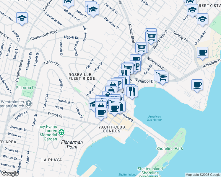 map of restaurants, bars, coffee shops, grocery stores, and more near 1270 Locust Street in San Diego