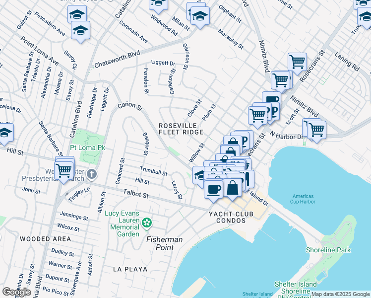 map of restaurants, bars, coffee shops, grocery stores, and more near 3344 Cañon Street in San Diego