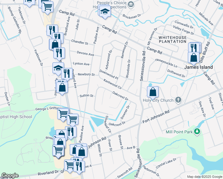 map of restaurants, bars, coffee shops, grocery stores, and more near 1128 Bellwood Road in Charleston