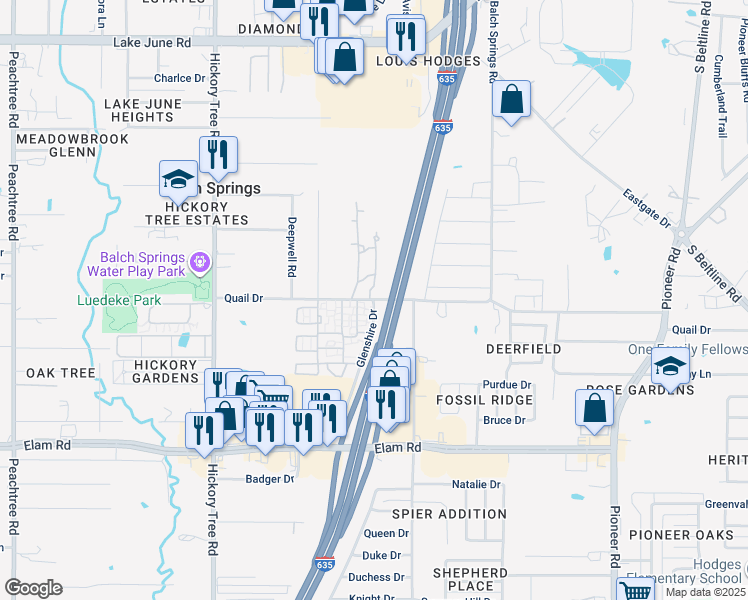 map of restaurants, bars, coffee shops, grocery stores, and more near 3301 Glenshire Drive in Balch Springs