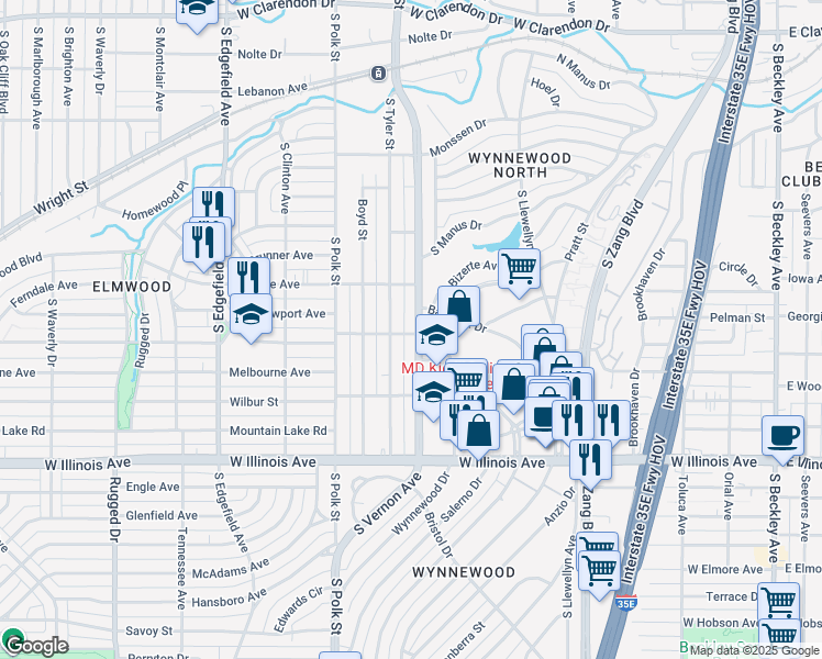 map of restaurants, bars, coffee shops, grocery stores, and more near 2211 South Vernon Avenue in Dallas