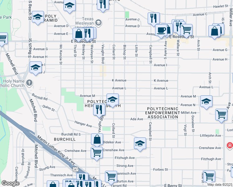 map of restaurants, bars, coffee shops, grocery stores, and more near 3300 Avenue M in Fort Worth