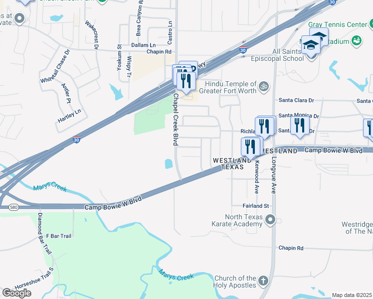 map of restaurants, bars, coffee shops, grocery stores, and more near 10125 Chapel Hill Court in Fort Worth