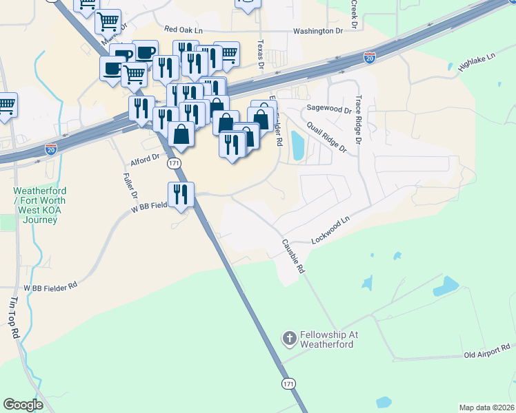 map of restaurants, bars, coffee shops, grocery stores, and more near 2608 Causbie Road in Weatherford