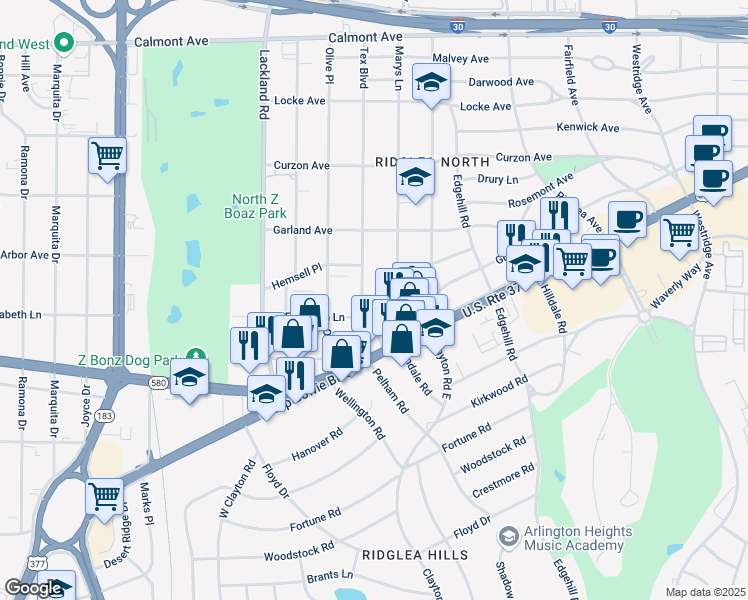 map of restaurants, bars, coffee shops, grocery stores, and more near 6573 Greenway Road in Fort Worth