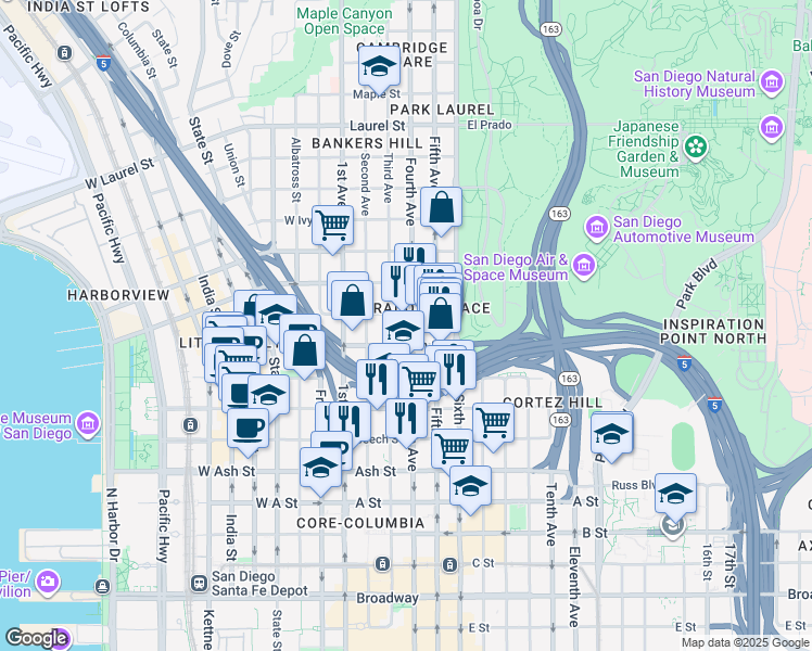 map of restaurants, bars, coffee shops, grocery stores, and more near 1840 4th Avenue in San Diego