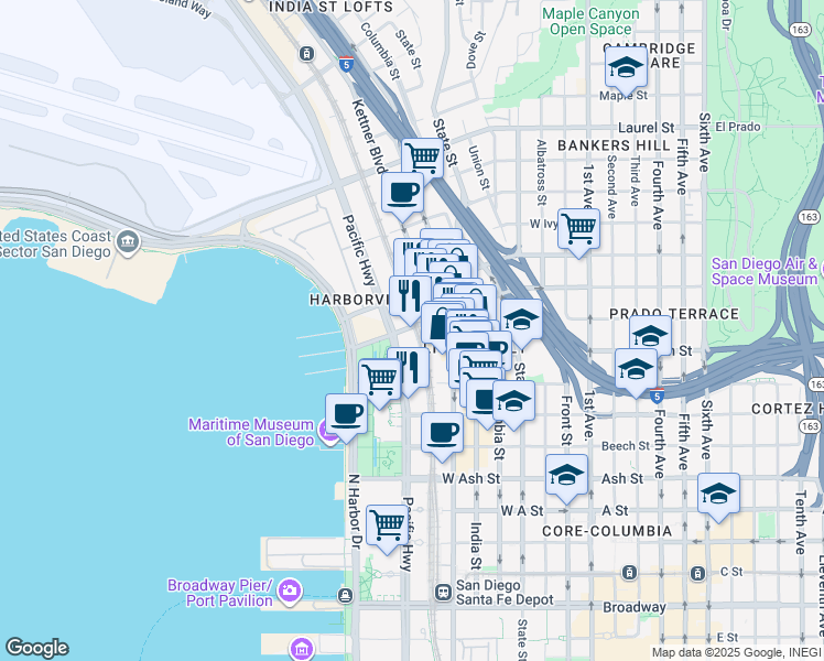 map of restaurants, bars, coffee shops, grocery stores, and more near 1905 Pacific Highway in San Diego