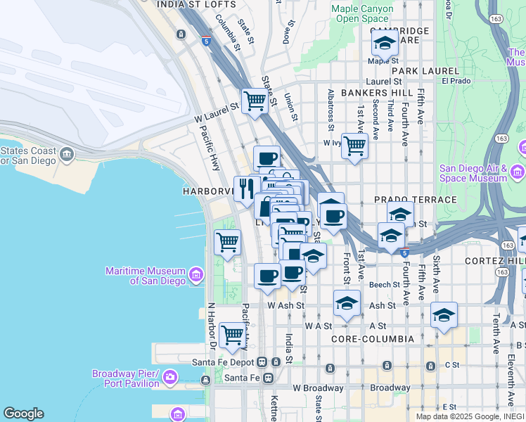map of restaurants, bars, coffee shops, grocery stores, and more near 1980 Kettner Boulevard in San Diego