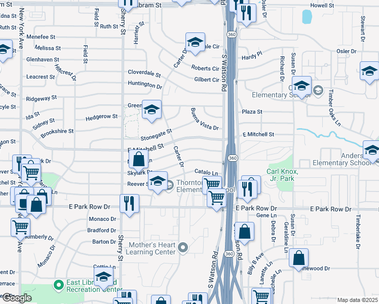 map of restaurants, bars, coffee shops, grocery stores, and more near 2400 Skylark Drive in Arlington