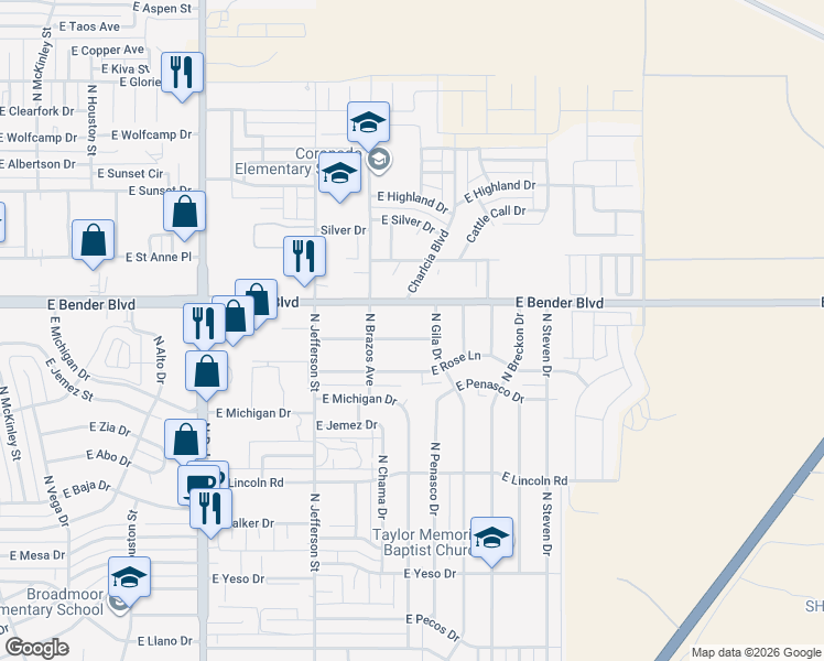 map of restaurants, bars, coffee shops, grocery stores, and more near 2227 North Gila Drive in Hobbs