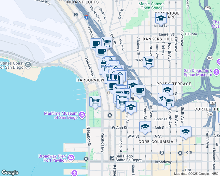 map of restaurants, bars, coffee shops, grocery stores, and more near 705W West Grape Street in San Diego