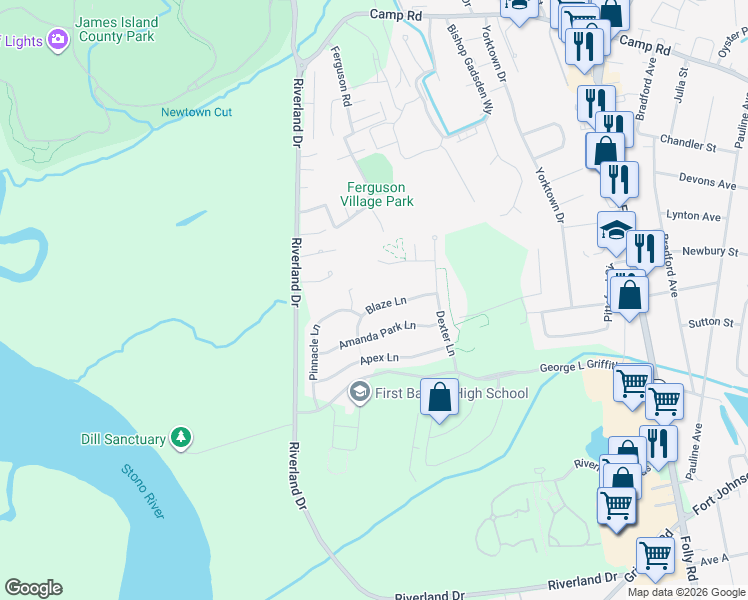map of restaurants, bars, coffee shops, grocery stores, and more near 1535 Blaze Lane in Charleston