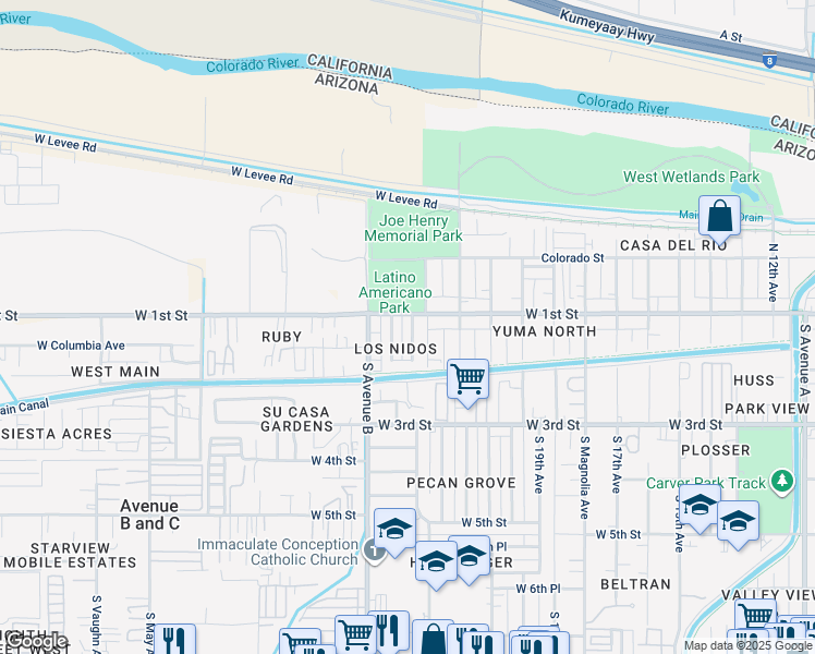 map of restaurants, bars, coffee shops, grocery stores, and more near 122 San Clemente Drive in Yuma
