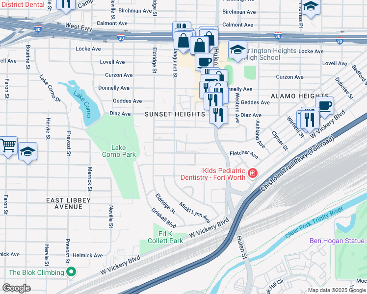 map of restaurants, bars, coffee shops, grocery stores, and more near 4727 Wellesley Avenue in Fort Worth