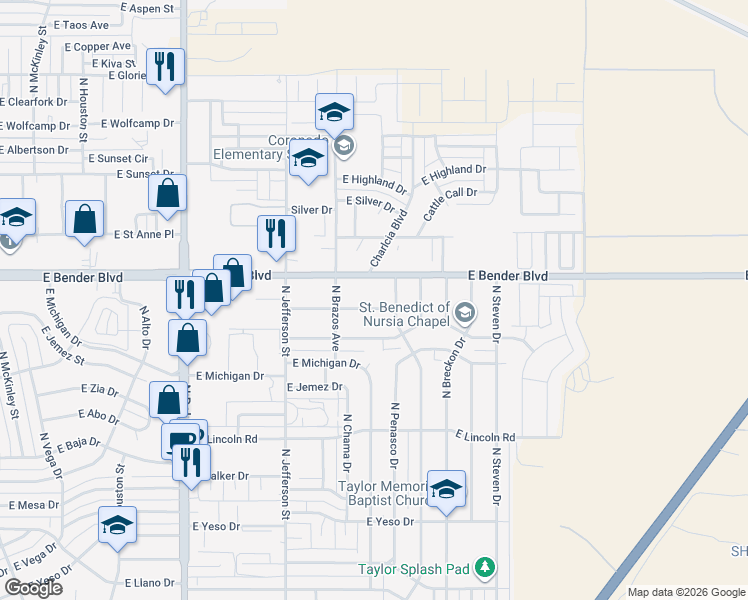 map of restaurants, bars, coffee shops, grocery stores, and more near 2227 North Gila Drive in Hobbs