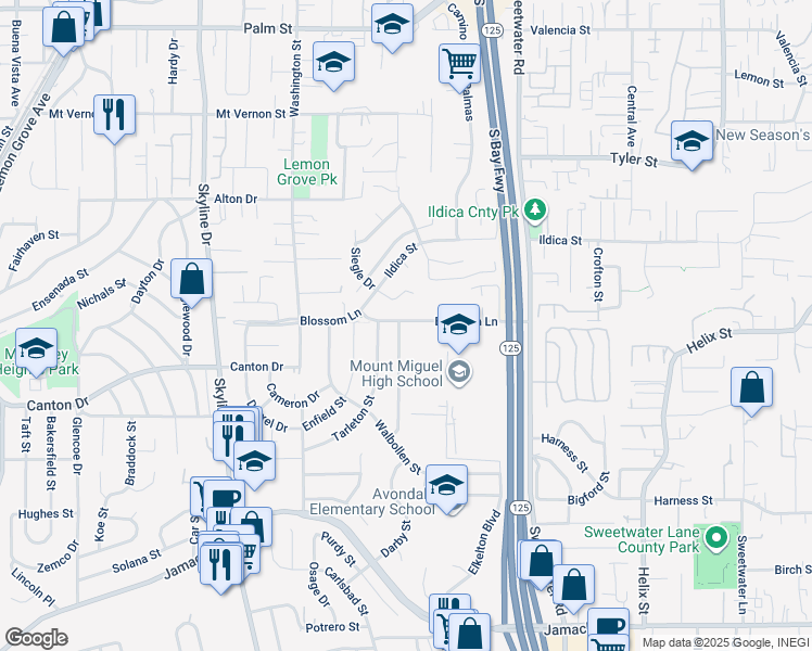 map of restaurants, bars, coffee shops, grocery stores, and more near 1946 Siegle Drive in Lemon Grove
