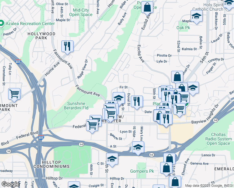 map of restaurants, bars, coffee shops, grocery stores, and more near 1850 Brookline Street in San Diego