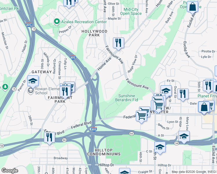 map of restaurants, bars, coffee shops, grocery stores, and more near 1866 Bridgeview Drive in San Diego