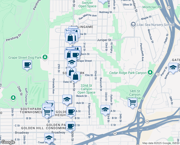 map of restaurants, bars, coffee shops, grocery stores, and more near 1902 32nd Street in San Diego