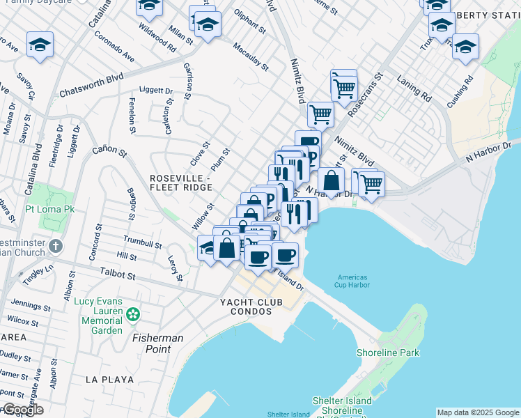 map of restaurants, bars, coffee shops, grocery stores, and more near 3120 Curtis Street in San Diego