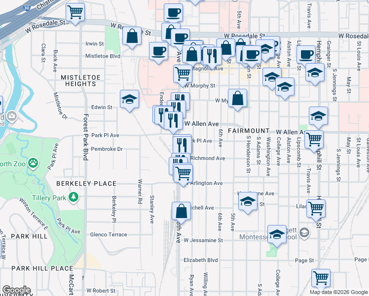 map of restaurants, bars, coffee shops, grocery stores, and more near 1601 Park Place Avenue in Fort Worth