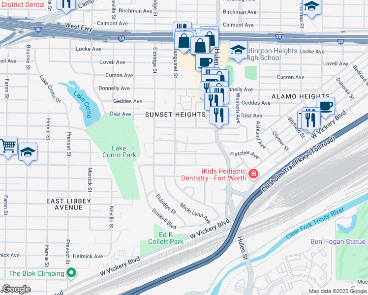 map of restaurants, bars, coffee shops, grocery stores, and more near 4712 Wellesley Avenue in Fort Worth
