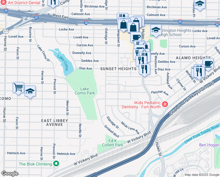 map of restaurants, bars, coffee shops, grocery stores, and more near 4808 Wellesley Avenue in Fort Worth