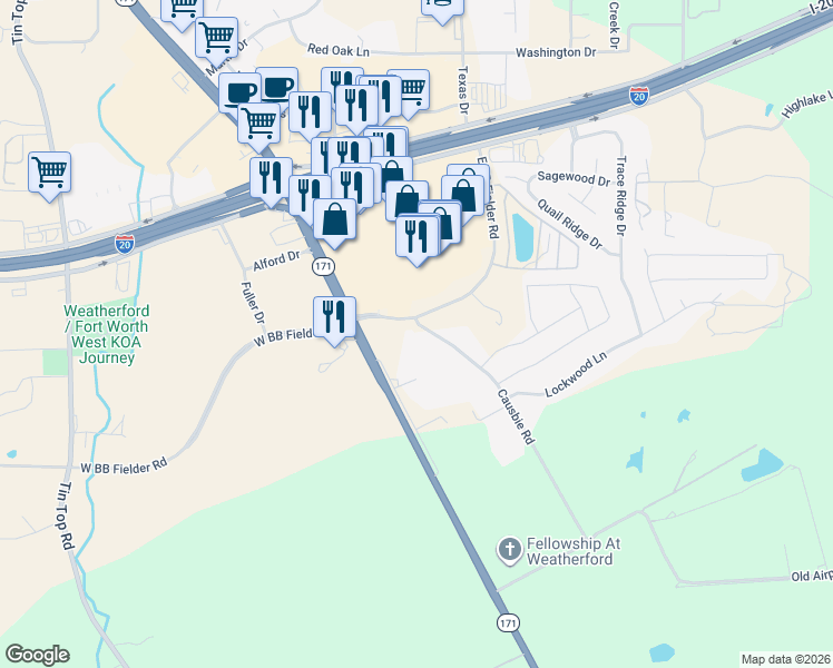 map of restaurants, bars, coffee shops, grocery stores, and more near 2463-2475 E BB Fielder Rd in Weatherford