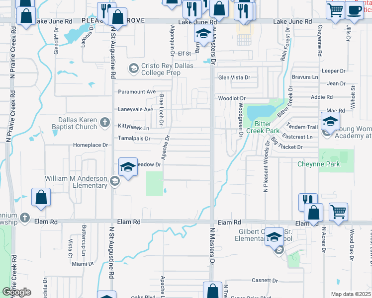 map of restaurants, bars, coffee shops, grocery stores, and more near 10015 Homeplace Drive in Dallas