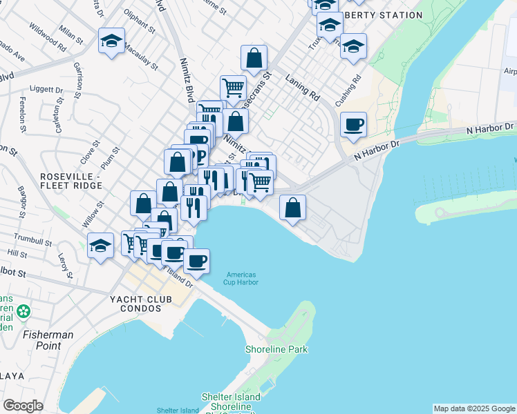 map of restaurants, bars, coffee shops, grocery stores, and more near 4960 North Harbor Drive in San Diego