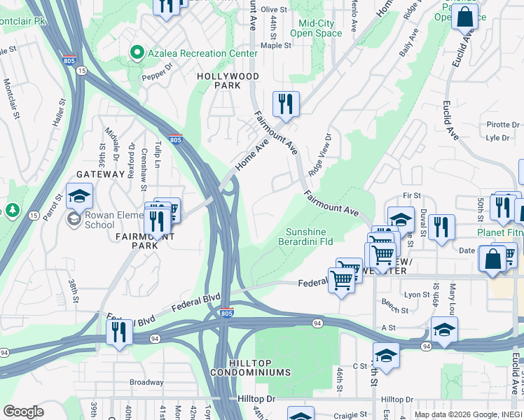map of restaurants, bars, coffee shops, grocery stores, and more near 1866 Bridgeview Drive in San Diego