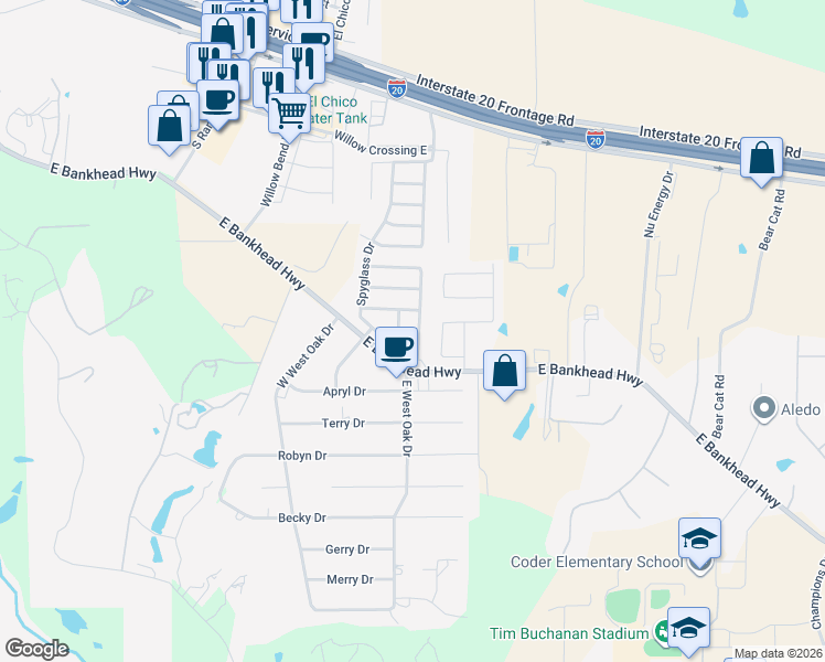 map of restaurants, bars, coffee shops, grocery stores, and more near 454 Spyglass Drive in Willow Park