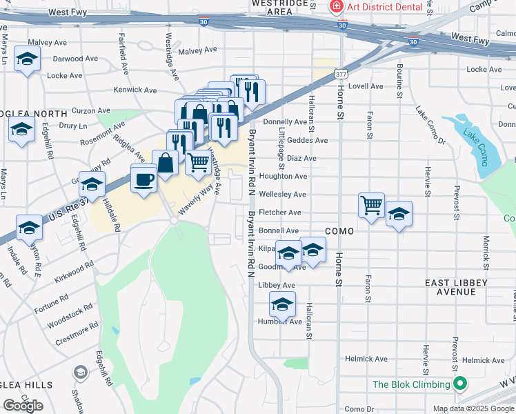 map of restaurants, bars, coffee shops, grocery stores, and more near 5928 Fletcher Avenue in Fort Worth
