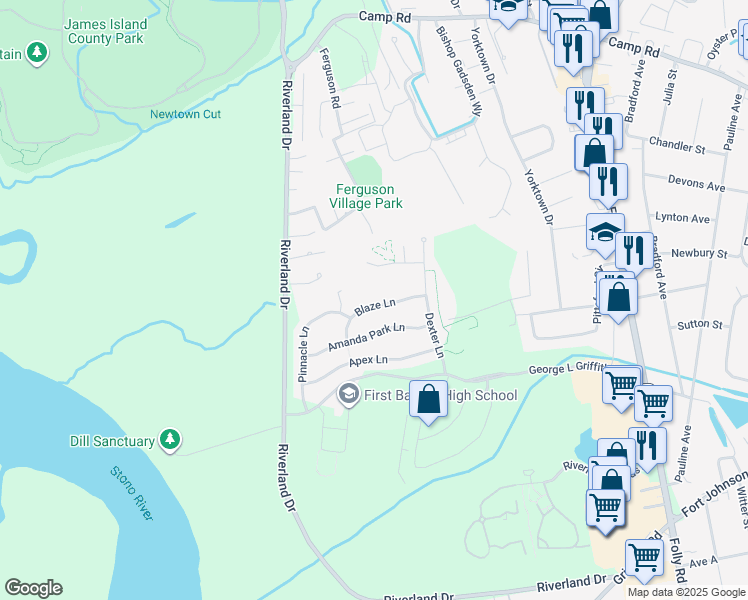 map of restaurants, bars, coffee shops, grocery stores, and more near 1571 Brianna Lane in Charleston