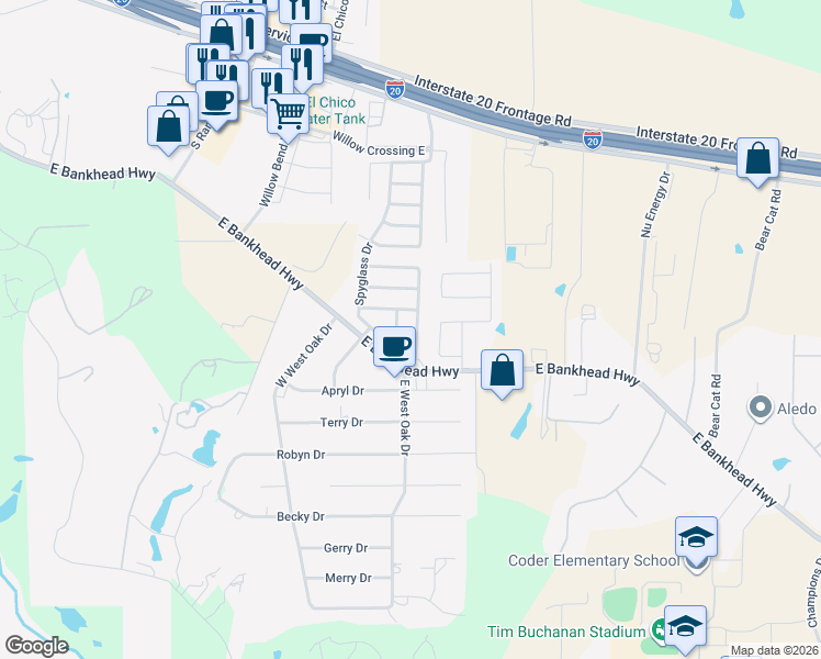 map of restaurants, bars, coffee shops, grocery stores, and more near 437 Spyglass Drive in Willow Park