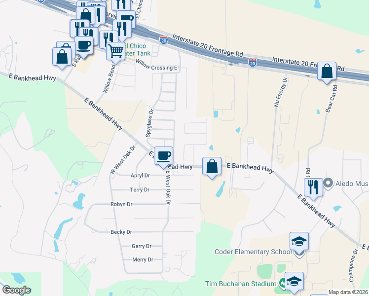 map of restaurants, bars, coffee shops, grocery stores, and more near 112 Whitetail Drive in Willow Park