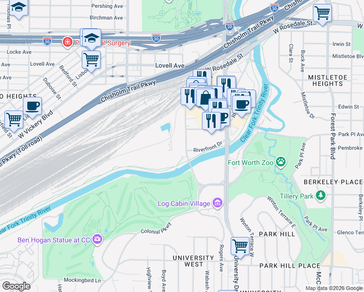 map of restaurants, bars, coffee shops, grocery stores, and more near 1800 Rogers Road in Fort Worth