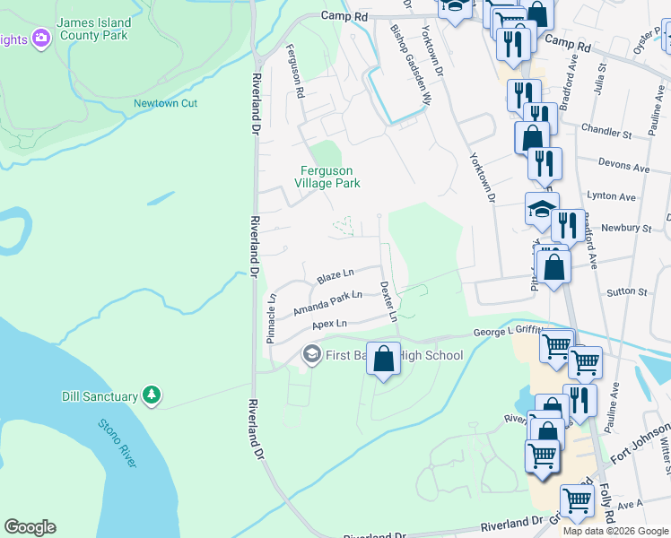 map of restaurants, bars, coffee shops, grocery stores, and more near 1543 Blaze Lane in Charleston