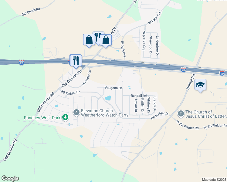 map of restaurants, bars, coffee shops, grocery stores, and more near 1100 Vaughna Drive in Weatherford
