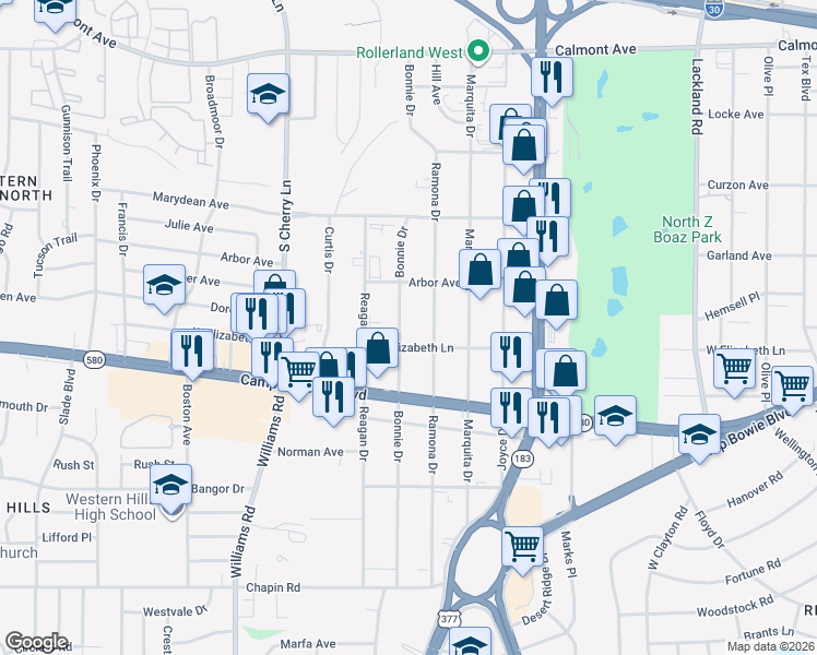 map of restaurants, bars, coffee shops, grocery stores, and more near 3241 Bonnie Drive in Fort Worth