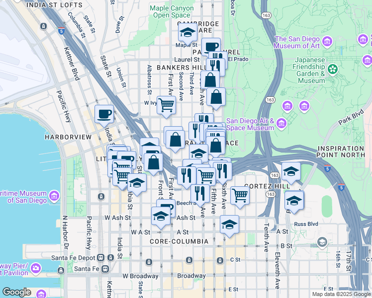 map of restaurants, bars, coffee shops, grocery stores, and more near 1922-1934 Third Avenue in San Diego
