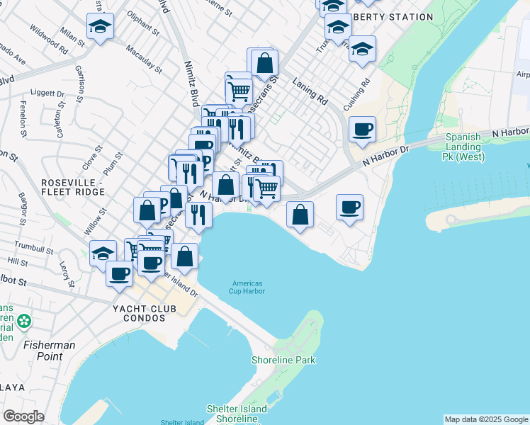 map of restaurants, bars, coffee shops, grocery stores, and more near 4918 N Harbor Dr in San Diego