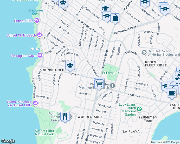 map of restaurants, bars, coffee shops, grocery stores, and more near 1036 Tarento Drive in San Diego