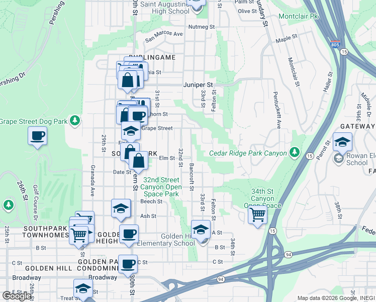 map of restaurants, bars, coffee shops, grocery stores, and more near 1847 Bancroft Street in San Diego