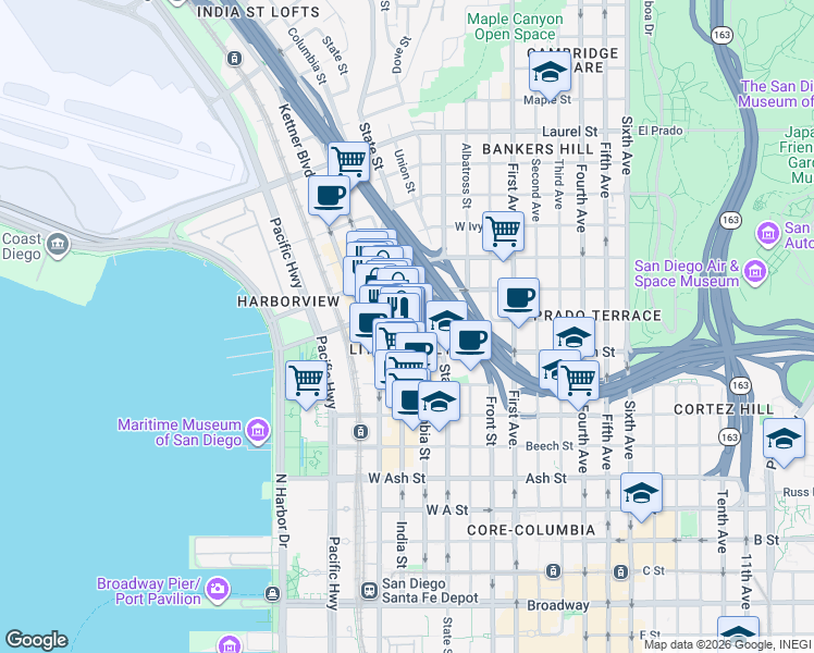 map of restaurants, bars, coffee shops, grocery stores, and more near 1918 Columbia Street in San Diego